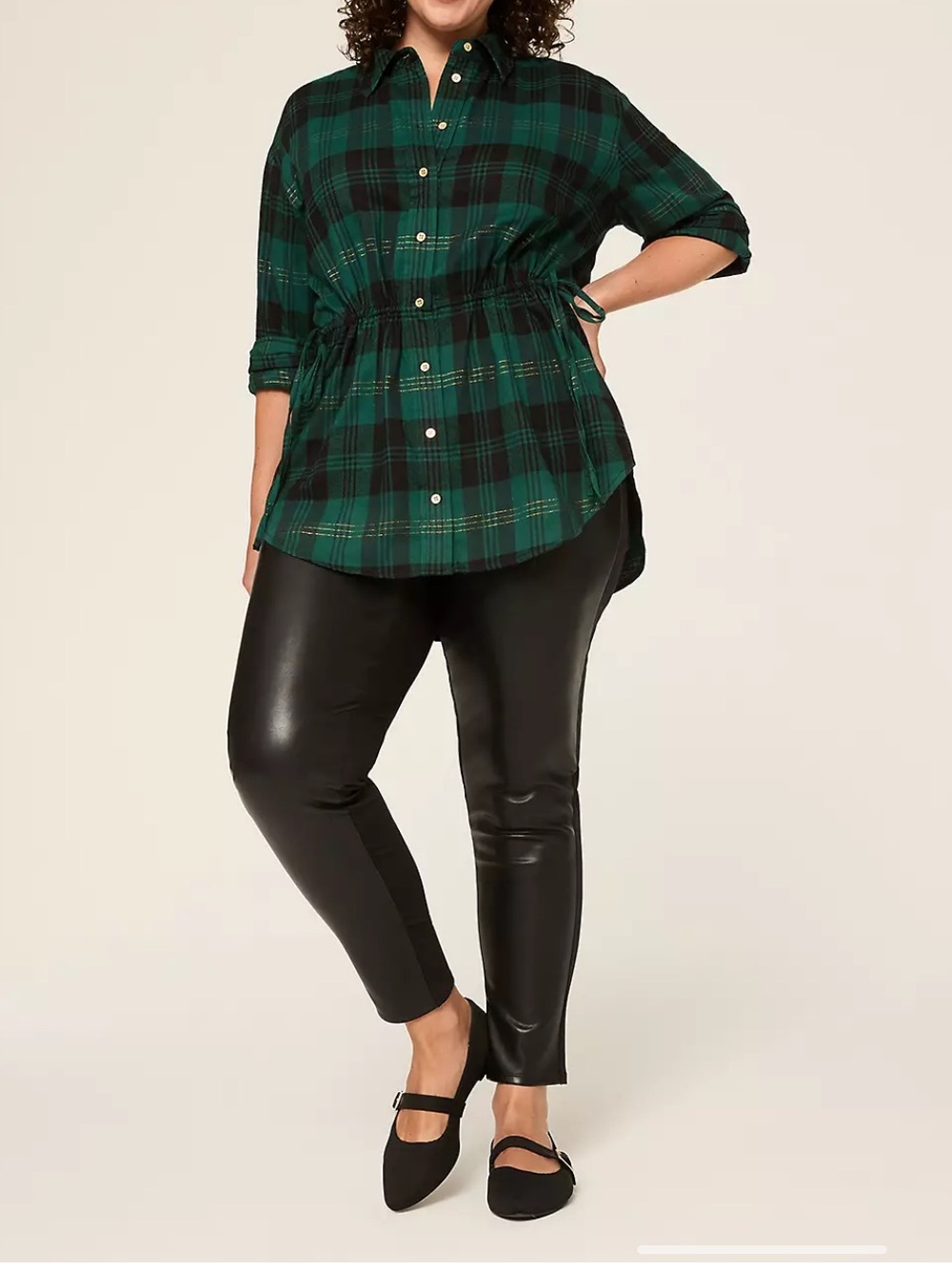 Lane Bryant Women’s Green Plaid Button-Up Drawstring Top - Picture 10 of 11
